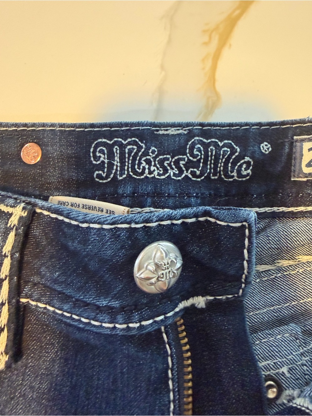 Miss Me Dark Blue Denim Bermuda Shorts with White Contrast Stitching - Picture 5 of 9